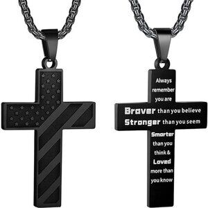 Black Inspirational Cross Necklace Faith Christian Mens Pendant Chain Gift, Vet